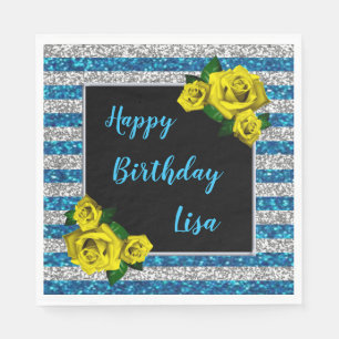 Silver Blue Glitter Stripes Yellow Roses Birthday Napkin