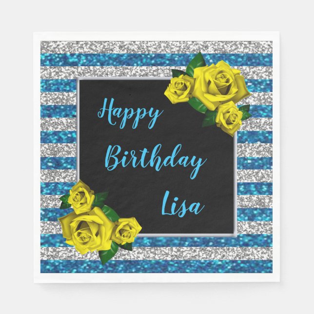 Silver Blue Glitter Stripes Yellow Roses Birthday Napkin (Front)