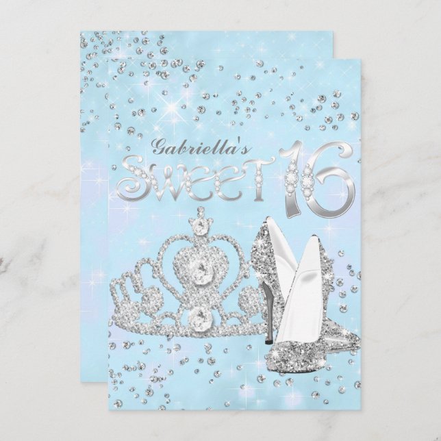 Silver Blue Glitter Tiara & Heels Sweet 16 Invite (Front/Back)