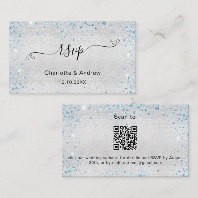 Silver blue glitter wedding website RSVP QR code Enclosure Card (Front/Back)