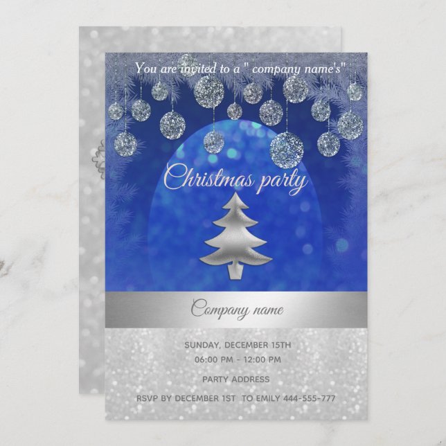silver/blue glittery corporate Christmas party Invitation (Front/Back)