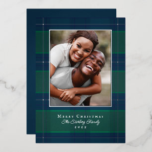 Silver, Blue & Green Plaid Holiday Photo Card