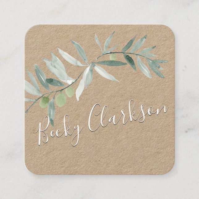 Silver Blue Greenery Kraft Paper Pretty Script Square Business Card (Front)