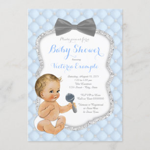 Silver Blue Grey Bow Tie Boy Baby Shower Invitation