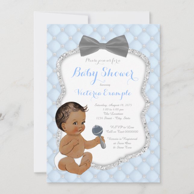 Silver Blue Grey Bow Tie Ethnic Boy Baby Shower Invitation (Front)