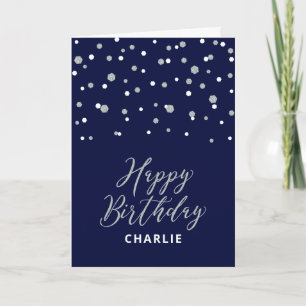 Silver & Blue Happy Birthday Custom Name Greeting Card