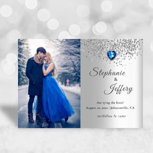 Silver Blue Heart Glitter Save the Date Card