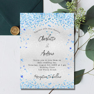 Silver blue hearts budget wedding invitation postcard