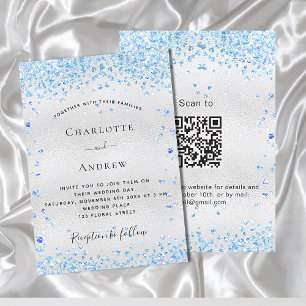 Silver blue hearts QR code RSVP wedding Invitation