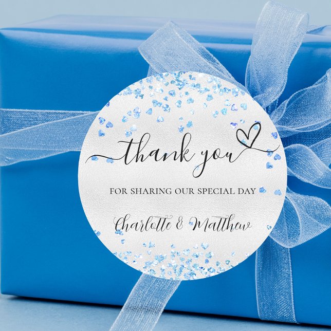 Silver blue hearts thank you wedding classic round sticker (Creator Uploaded)
