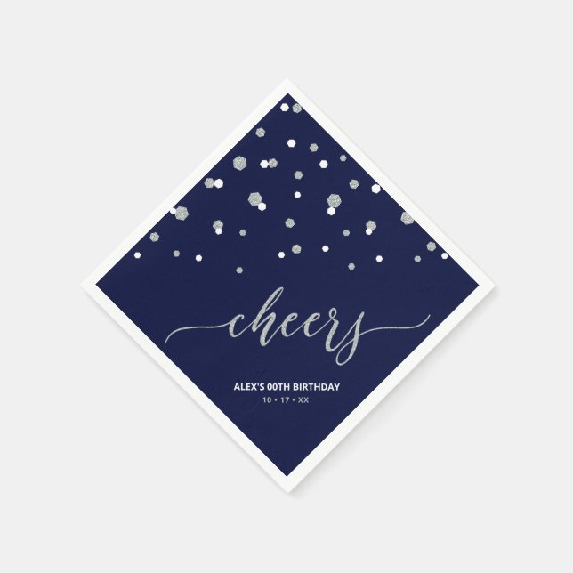 Silver & Blue Hexagon Confetti Cheers Custom Party Napkin (Corner)