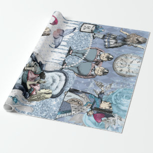 Silver Blue Ice Alice in Wonderland Wrapping Paper