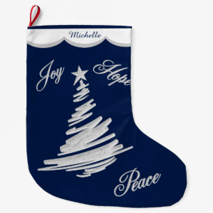 Silver Blue Joy Hope Peace Large Christmas Stocking