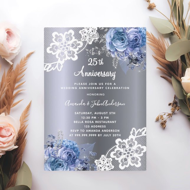 Silver blue lace 25th wedding anniversary luxury invitation (Creator Uploaded)