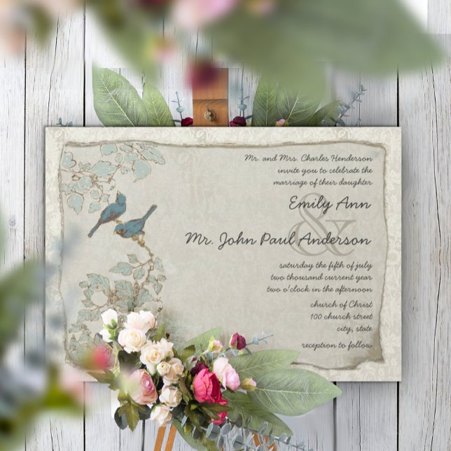 Silver Blue Love Bird Damask Wedding Invitations (Creator Uploaded)