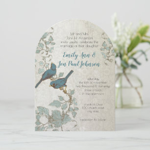 Silver Blue Love Birds Arch Shape Wedding Invitation