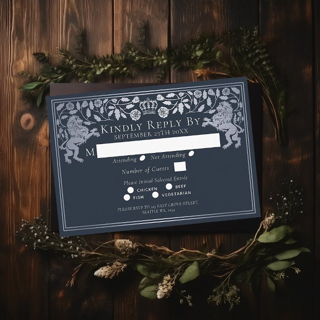 Silver Blue Mediaeval Lion Wedding RSVP  Enclosure Card (Creator Uploaded)