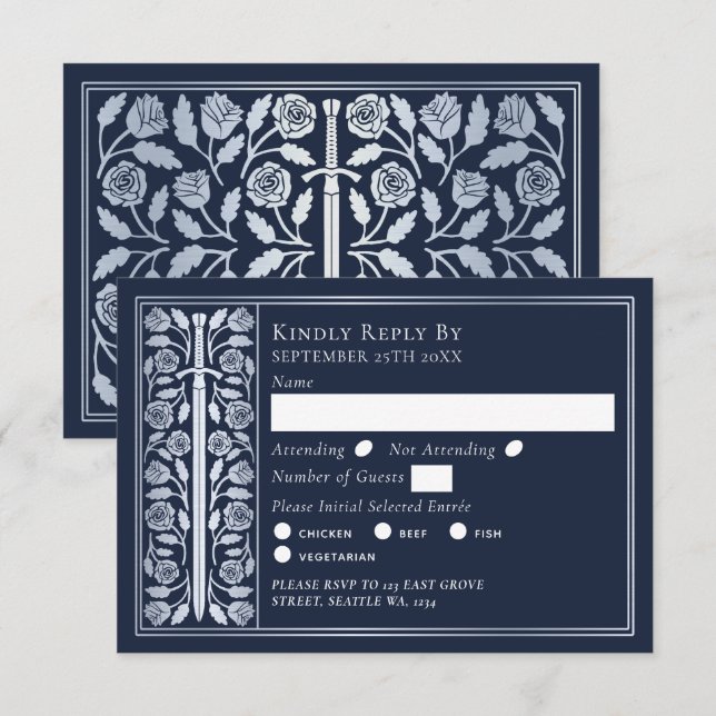 Silver Blue Mediaeval Sword Wedding RSVP Card (Front/Back)