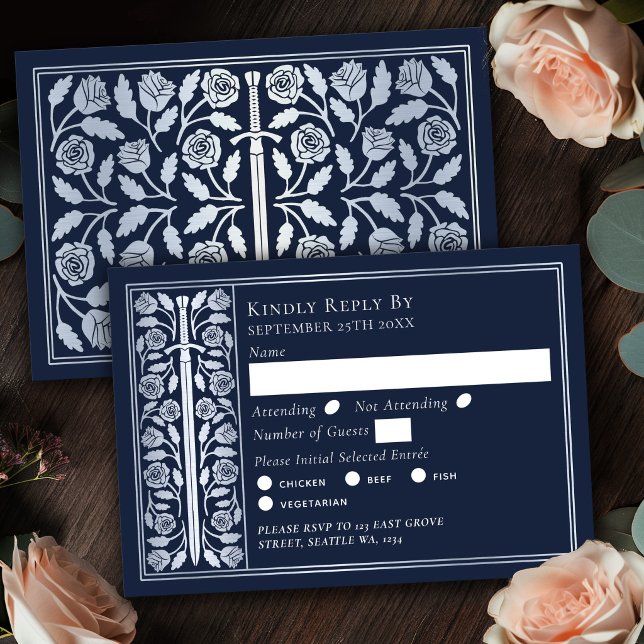 Silver Blue Mediaeval Sword Wedding RSVP Card (Creator Uploaded)