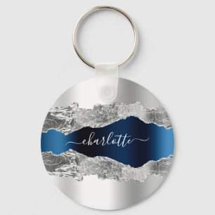 Silver blue metal agate marble name script key ring