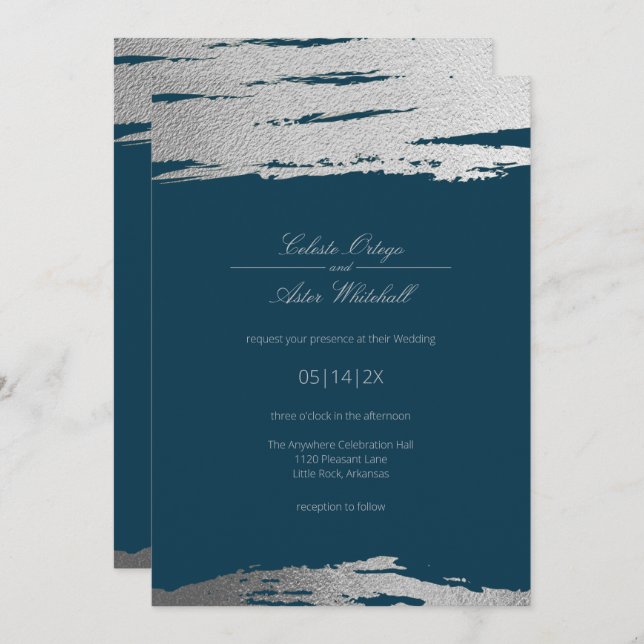Silver & Blue Modern Abstract Elegant Faux Foil Invitation (Front/Back)