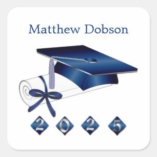 Silver Blue Mortar Diploma Graduation 2025 Square Square Sticker