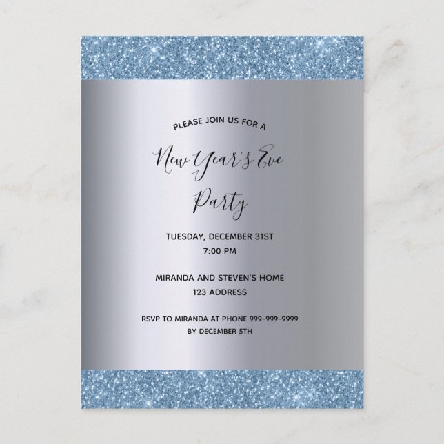 Silver blue New Year's Eve party invitation (Front)