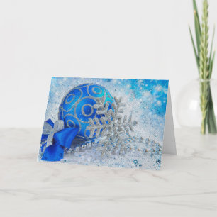 Silver blue ornaments holiday card