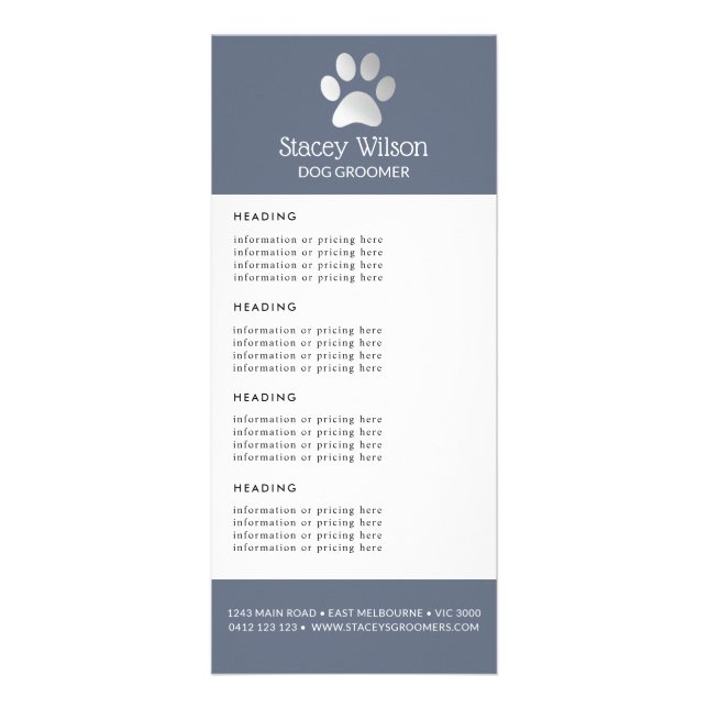 Silver Blue Paw Print Logo Price / Services List Rack Card (Front)