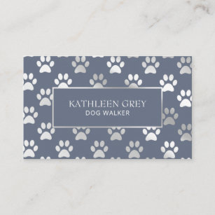 Silver Blue Paw Print Pattern   Pet Groomer Business Card