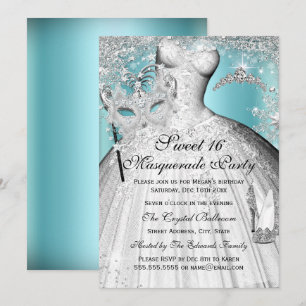 Silver Blue Princess Masquerade Sweet 16 Invite