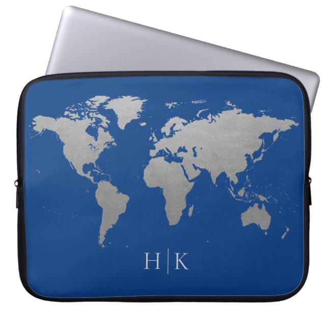 Silver Blue Professional World Map Monogram Laptop Sleeve (Front)