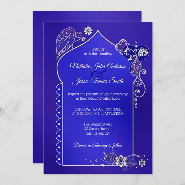 Silver Blue Purple Henna Mehndi Wedding Invitation (Front/Back)