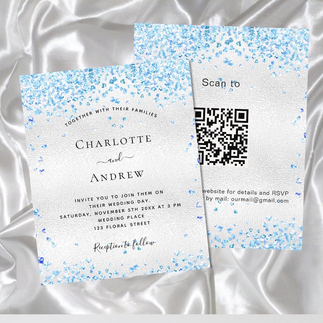 Silver blue QR code budget wedding invitation Flyer (Creator Uploaded)