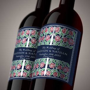 Silver Blue Royal Mediaeval Floral Sword Wedding Wine Label