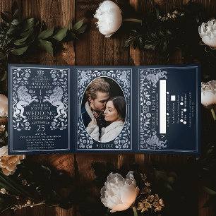 Silver Blue Royal Mediaeval Lion Wedding Tri-Fold Invitation