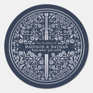 Silver Blue Royal Mediaeval Sword Wedding Classic Round Sticker