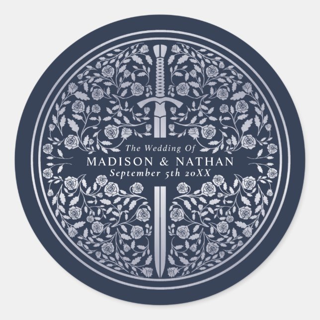 Silver Blue Royal Mediaeval Sword Wedding Classic Round Sticker (Front)