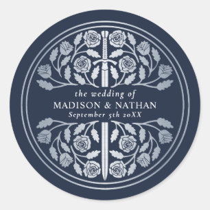 Silver Blue Royal Mediaeval Sword Wedding  Classic Round Sticker