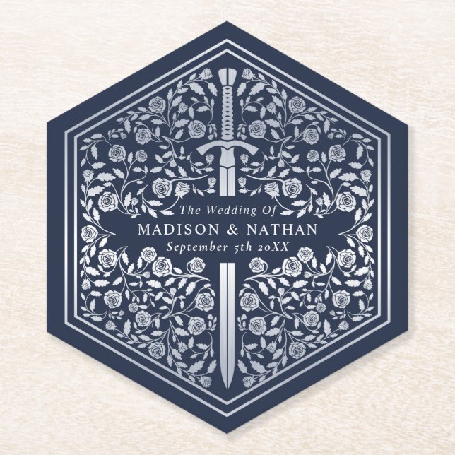 Silver Blue Royal Mediaeval Sword Wedding Paper Coaster (Front)
