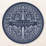 Silver Blue Royal Mediaeval Sword Wedding Round Paper Coaster<br><div class="desc">Celebrate your special day with this Royal Mediaeval Sword Wedding coaster design. The design on the back of the invite is NOT real silver foil. You can customise this further by clicking on the "PERSONALIZE" button.</div>
