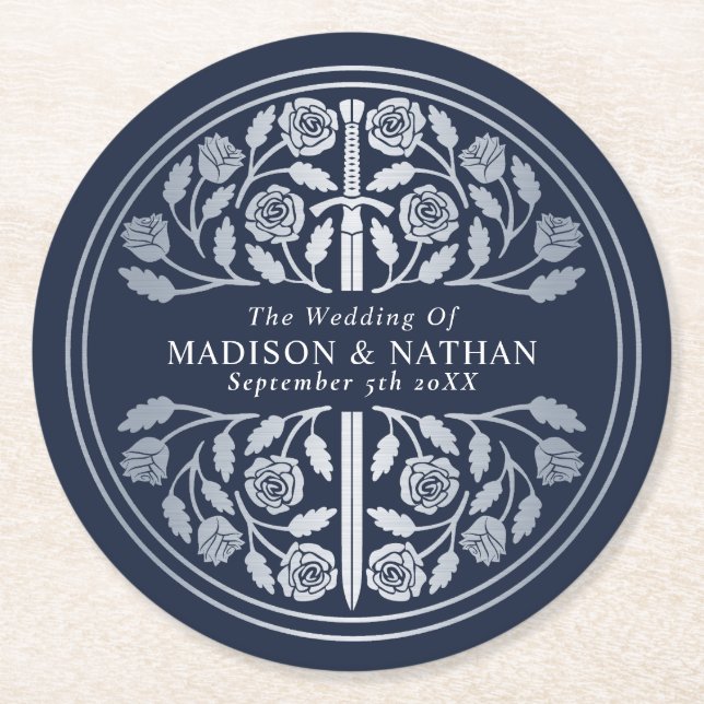 Silver Blue Royal Mediaeval Sword Wedding Round Paper Coaster (Front)