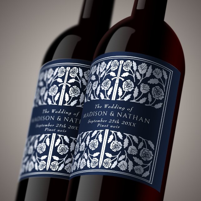 Silver Blue Royal Mediaeval Sword Wedding Wine Label (Creator Uploaded)
