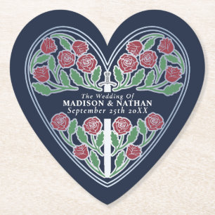Silver Blue Royal Medieval Floral Sword Wedding Paper Coaster