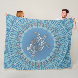 Silver Blue Sea Turtle And Mandala Fleece Blanket
