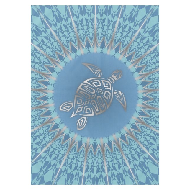 Silver Blue Sea Turtle And Mandala Tablecloth (Front)