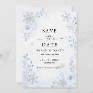 Silver Blue Snowflake Floral Winter Wedding Photo  Save The Date