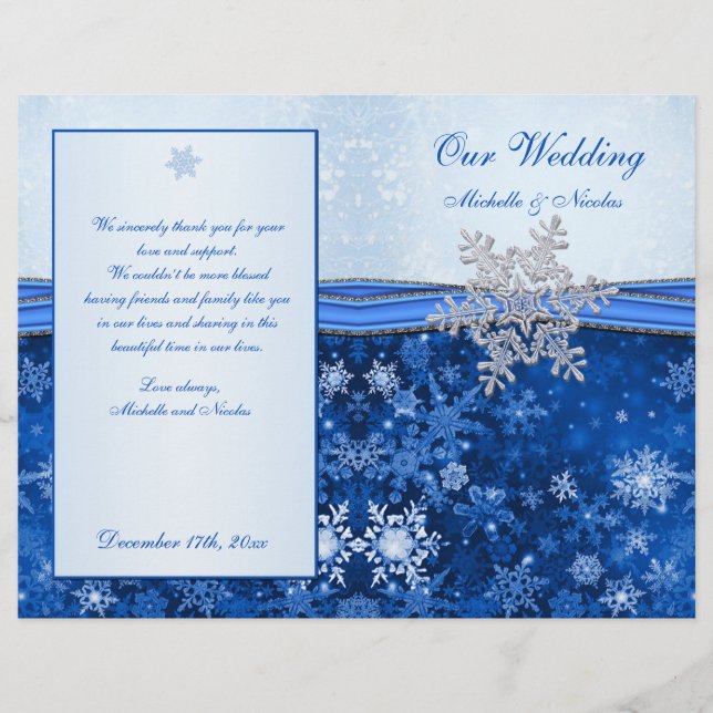 Silver blue snowflake on blue Wedding Program (Front)