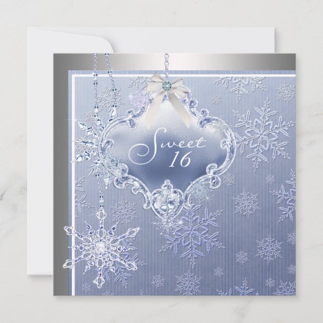 Silver Blue Snowflake Sweet Sixteen Birthday Invitation (Front)