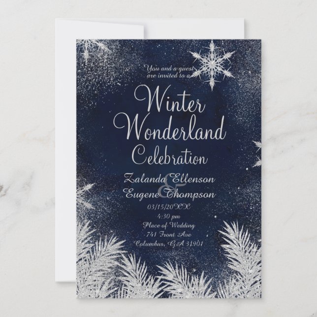 Silver blue snowflake wedding winter wonderland invitation (Front)